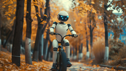 Happy humanoid robot rides a bicycle along the autumn alley. Robotic object experiences feelings and emotions. Concept of technology development in the form of artificial intelligence