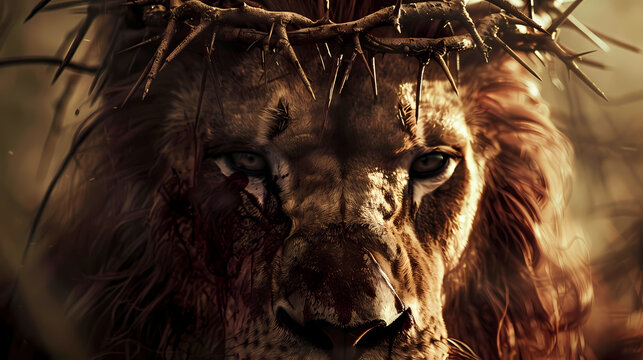 Lion with a crown of thorns symbolizing Jesus' sacrifice and strength