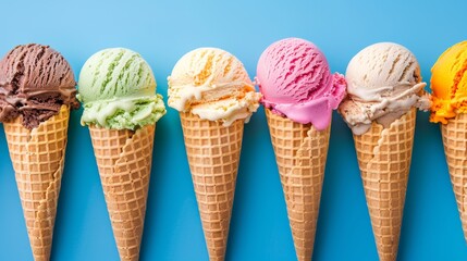 Assorted ice cream cones against blue background