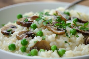 Savory mushroom risotto with fresh green peas on wooden table