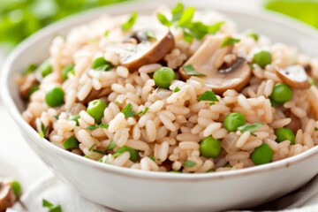 Savory mushroom risotto with fresh green peas and herbs