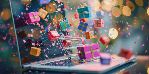 Laptop with floating gift boxes and confetti