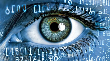 Close-up of green eye with digital code overlay representing cybersecurity