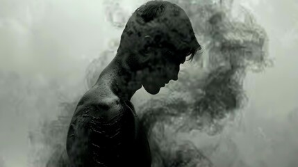 Contemplative young white man covered in mud against abstract background