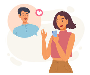 Young woman using smartphone to video call with her boyfriend; lovely couple. Flat vector illustration of online conversation and communication. Social network. Long distance relationship. Quarantine