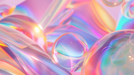 Abstract vibrant background of iridescent bubbles reflecting colorful hues in a bright setting