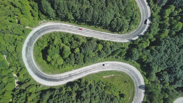 Aerial view of winding asphalt mountain road among green trees in summer.