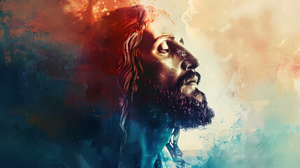Jesus Christ looking upwards in a moment of reflection and divine light