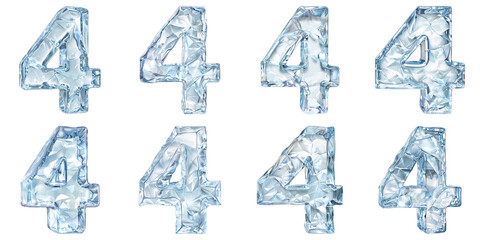 Set of Number 4 Ice Sculpture Isolated on Transparent PNG Background. Generative ai