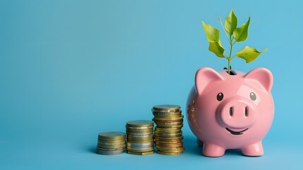 Pig piggy bank and seedlings grown with coin stack - investment ideas for growth