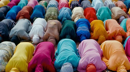 Colorful gathering of people in traditional attire bowing down