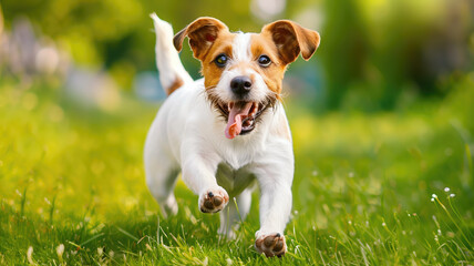 Happy pet dog playing on green grass lawn in full length portrait on summer day