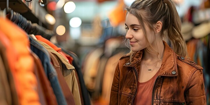 Shopping for Vintage Clothing Young Women Explore Secondhand Store. Concept Thrifting, Vintage Fashion, Sustainable Shopping, Young Women's Style, Secondhand Finds