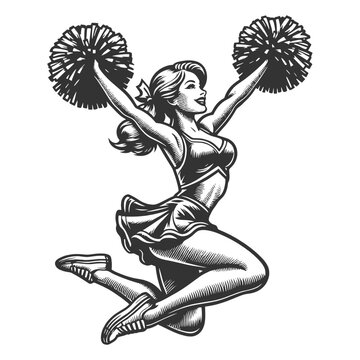 recommend clip art: cheerleader in classic pin-up pose with pom-poms and a playful expression sketch engraving generative ai fictional character vector illustration. Scratch board imitation. Black and white image