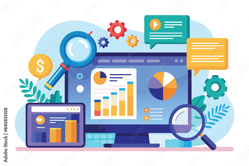 Aufkleber a colorful illustration depicting a desktop computer displaying data analytics charts and graphs wit