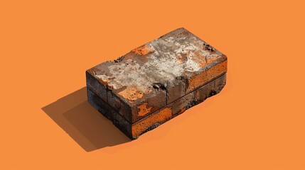 A single brick sits on an orange background. The brick is old and weathered, with a rough texture and chipped edges.
