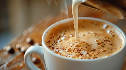 wide horizontal closeup photo of milk pouring to a white color coffee cup with splash
