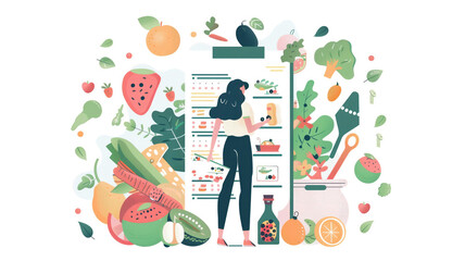 Healthy meal planning with daily food ingredients list tiny person concept. Weekly eating schedule with plan for slimming, detox and wellness vector illustration. Calories counting and Generative AI