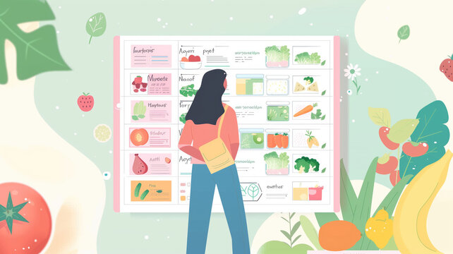 Healthy meal planning with daily food ingredients list tiny person concept. Weekly eating schedule with plan for slimming, detox and wellness vector illustration. Calories counting and Generative AI