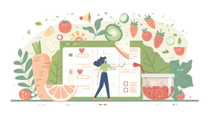 Healthy meal planning with daily food ingredients list tiny person concept. Weekly eating schedule with plan for slimming, detox and wellness vector illustration. Calories counting and Generative AI