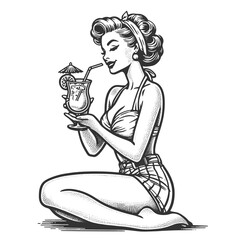 1950s pin-up girl sipping a drink from a coconut, summer vibes and retro charm sketch engraving generative ai fictional character vector illustration. Scratch board imitation. Black and white image.