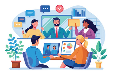 Fototapeta premium A group of business professionals engage in a lively online meeting, collaborating and discussing ideas.
