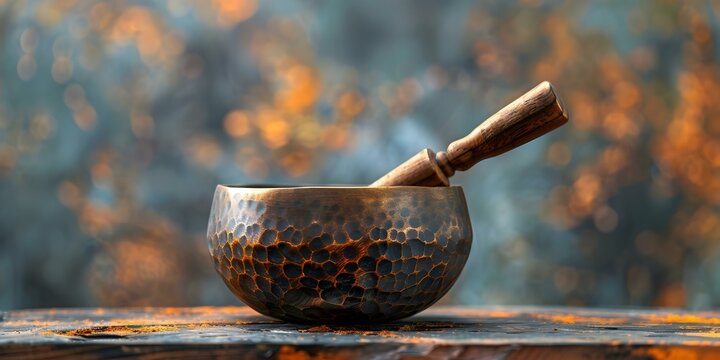 Wooden Tibetan singing bowl for meditation relaxation and mindfulness with calming sound. Concept Tibetan Singing Bowl, Meditation, Relaxation, Mindfulness, Calming Sound