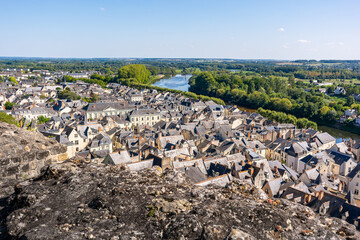 Aerial view of the city of Chinon in Loire valley in France with Vienne river in background