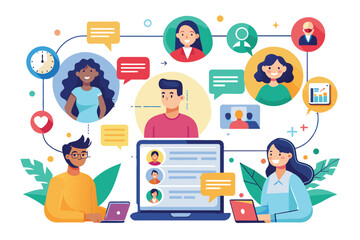 An illustration depicting a team of diverse individuals connecting and working together online through video calls and a laptop.