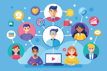 Fototapeta premium A diverse team of professionals are collaborating on a video content creation project. They are connected through a digital network and are working together to achieve their goals.