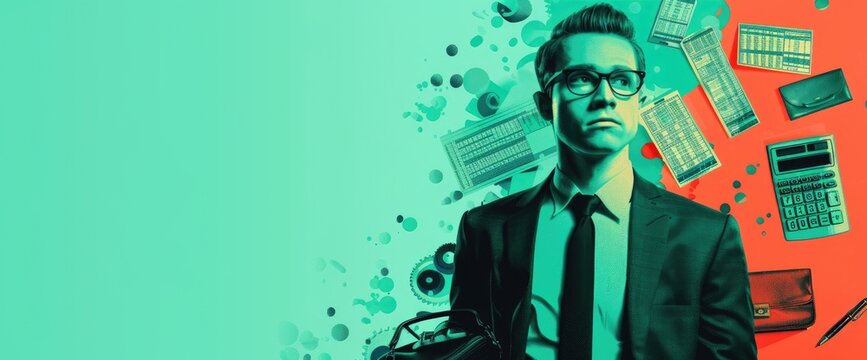 The image shows a man wearing a suit and tie. He is standing in front of a green background. There are many numbers and symbols floating around him. The man has a serious expression on his face. He - Powered by Adobe