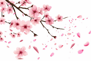 Background of cherry blossoms in full bloom with falling pink petals vector illustration on white background