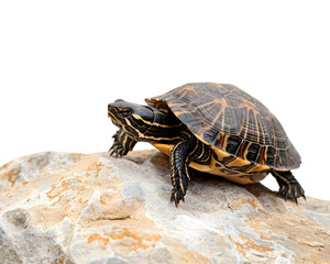Turtle climbing on rocking mountain on transparent background