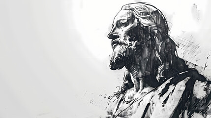 Black and white sketch of Jesus with a serene expression, looking upward