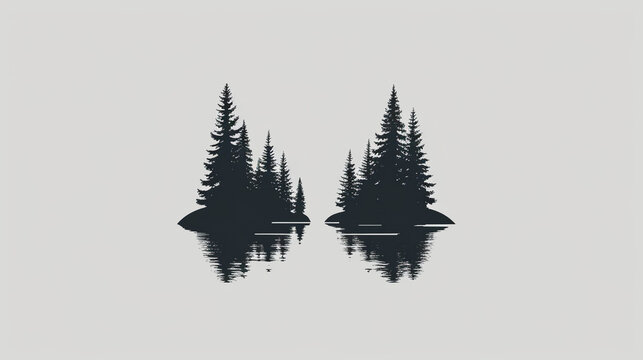 simple white vector logo of two black metal waterfalls with pine trees in the background on an all-white background, in a flat design, minimalist style, with no shadows or mockup.