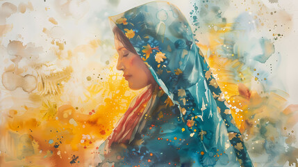 Portrait of the Virgin Mary in prayerful reflection, watercolor artwork