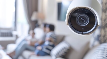 Fototapeta premium Home security camera installed on a wall, facing a blurred family scene on the sofa, capturing photo-realistic details