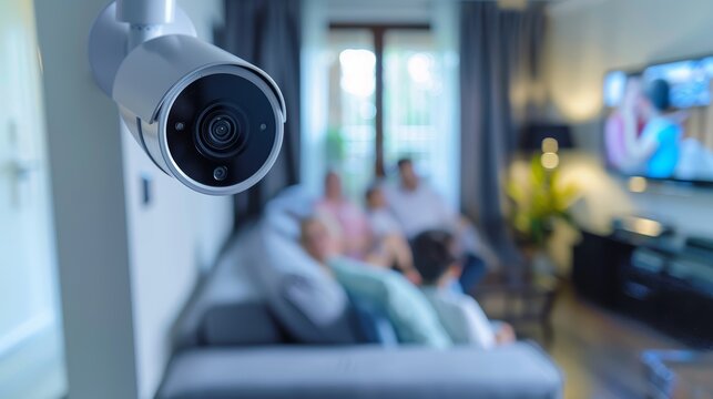 Home security camera installed on a wall, facing a blurred family scene on the sofa, capturing photo-realistic details