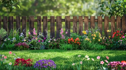 Obraz premium Green grass lawn with colorful summer flowers and a charming wooden fence in a photo-realistic backyard garden setting