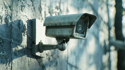 High-detail close-up of a CCTV camera on an architectural facade, securing public spaces, photo-realistic rendering