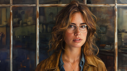 Fototapeta premium A woman with brown hair and glasses is standing in front of a window. She is wearing a brown jacket and a blue shirt