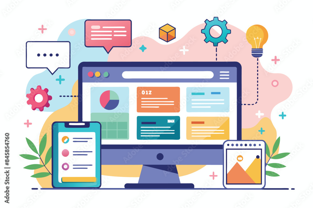 Poster a colorful illustration depicting various elements of web design and development, including a comput