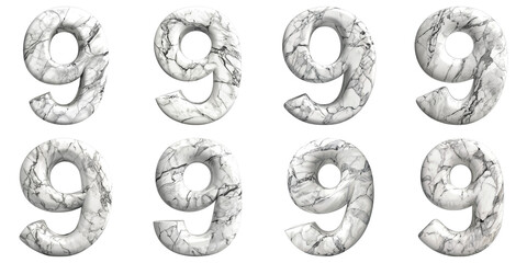 Set of Number 9 Marble Texture Isolated on Transparent PNG Background. Generative ai