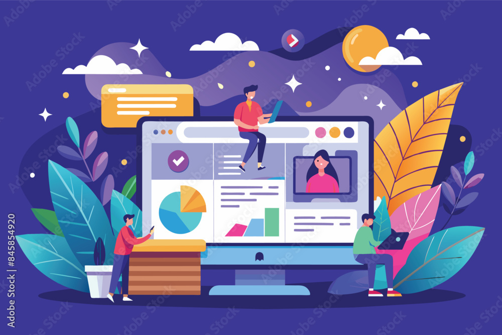 Poster illustration of people working on a website design project, including a large desktop computer with 