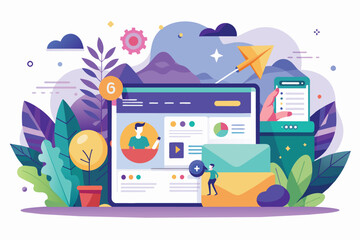 An illustration depicts a modern website with email marketing capabilities, showcasing the process of creating and sending email campaigns.