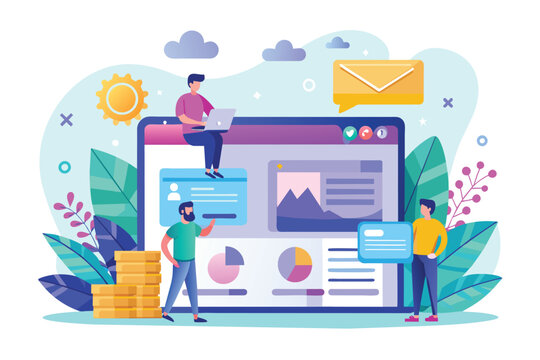 An illustration of three people working on a website with data analytics, email marketing, and financial information.