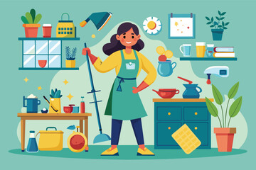 A woman wearing an apron holds a broom and dustpan while standing in her kitchen, surrounded by various cleaning supplies and kitchenware.