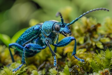 Naklejka premium Ultra-close-up of a beetle's head showing intricate details and vibrant colors. The image captures the complex eye structure and facial patterns, ideal for educational purposes, macroscelididae