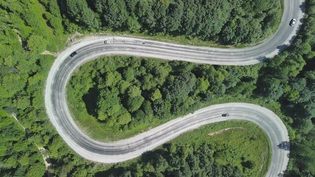 Aerial view of winding asphalt mountain road among green trees in summer.
