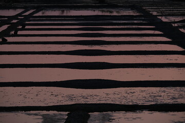 A tight shot of the salt marshes of Guerande at dusk. Batz-sur-Mer, France - June 6, 2024.